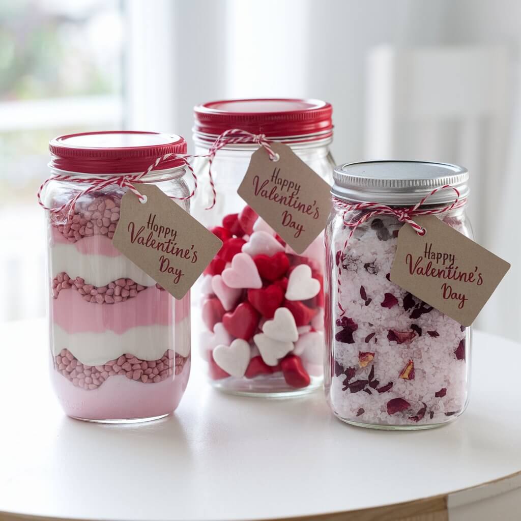 A photo of three mason jars filled with Valentine's treats. The first jar is layered with pink and white hot cocoa mix. The second jar contains candy hearts. The third jar is filled with handmade bath salts sprinkled with dried rose petals. Each jar has a red lid and is tied with red and white striped twine. There's a gift tag that says "Happy Valentine's Day" hanging from each jar. The jars are placed on a white table, illuminated by bright natural light.