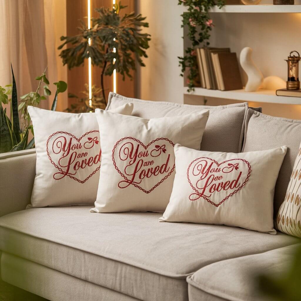 A cozy scene of a living room with a neutral-colored sofa. There are decorative pillow covers with heart motifs and red love quotes like "You Are Loved" embroidered in elegant script. The pillows are placed on the sofa. The room has a warm ambiance, with soft lighting and a few plants. The background contains a shelf with books and decorative items.