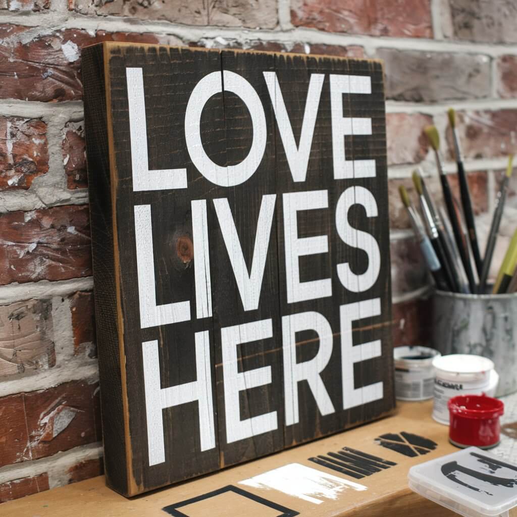 A photo of a rustic wooden sign with the phrase "Love Lives Here" painted in white. The sign is propped against a brick wall. The background contains paintbrushes, stencils, and small pots of red and white paint.