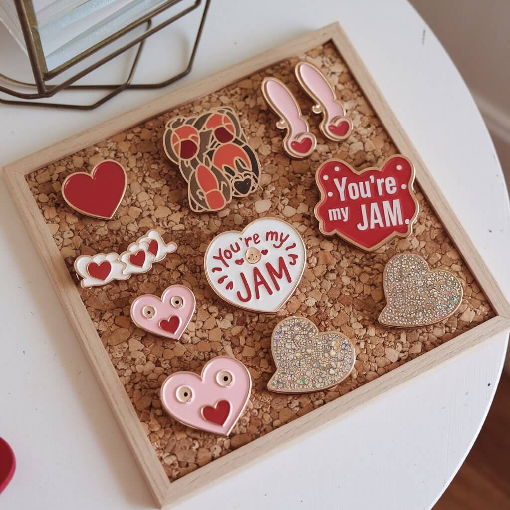 A photo of a corkboard placed on a white table. The corkboard has various Valentine's Day pins. There are heart-shaped pins, pins with cute puns like "You're My Jam," and pins with sparkling glitter accents. The pins are displayed in a disorganized manner.