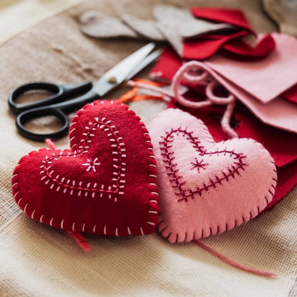 A photo of a pair of hand-sewn plush hearts made from soft red and pink felt, sitting on a cozy fabric background. The plushies feature intricate embroidery and small bead accents. Scissors, sewing thread in various colors, and a pile of felt fabric scraps are visible, emphasizing the hands-on work involved in this delightful Valentine's craft.