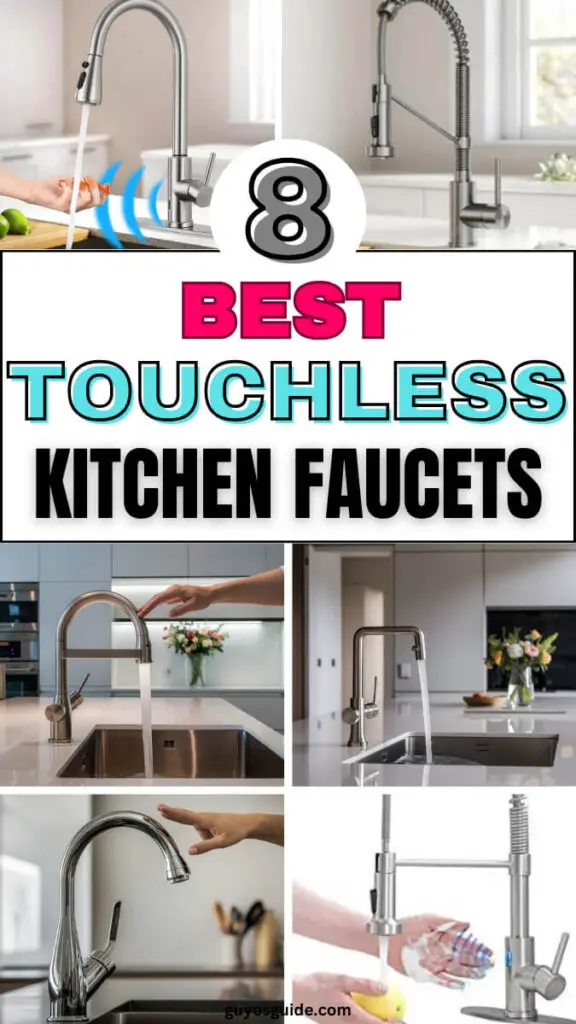 A collage of eight images showcasing different models of touchless kitchen faucets. The top part of the image features a title ‘8 BEST TOUCHLESS KITCHEN FAUCETS’ in bold black and pink letters against a white background. Below the title, various faucets are displayed in home kitchen settings, demonstrating their design and placement above sinks. Some images show hands interacting with the faucets, illustrating the touchless functionality. The bottom image shows a hand holding a detached faucet head, emphasizing its flexibility. 