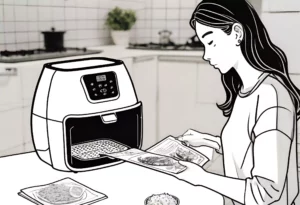 Someone reading an air fryer user manual.
