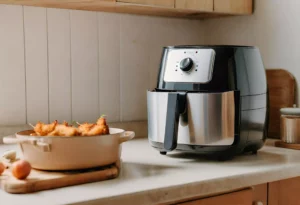 "Air fryer on clean surface with clear ventilation. Back and side vents unobstructed for optimal performance."