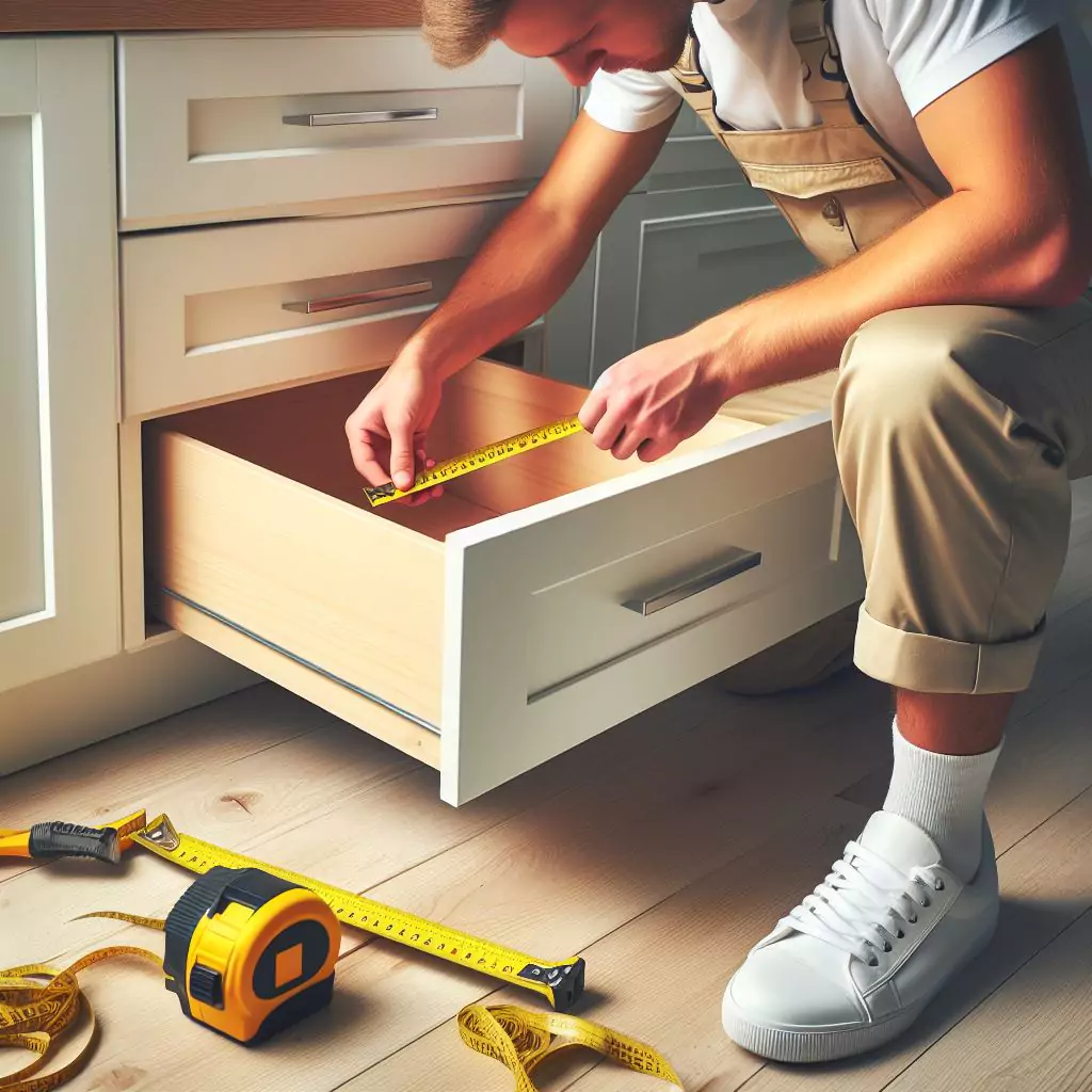 "A person measuring the width, height, and depth of a drawer using a tape measure, as part of the process to determine the size of replacement drawers needed."