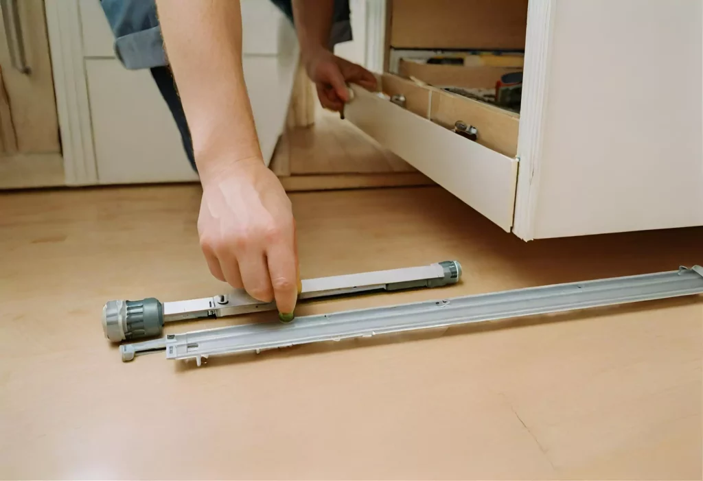 our team member removing old drawer slides from the kitchen cabinet