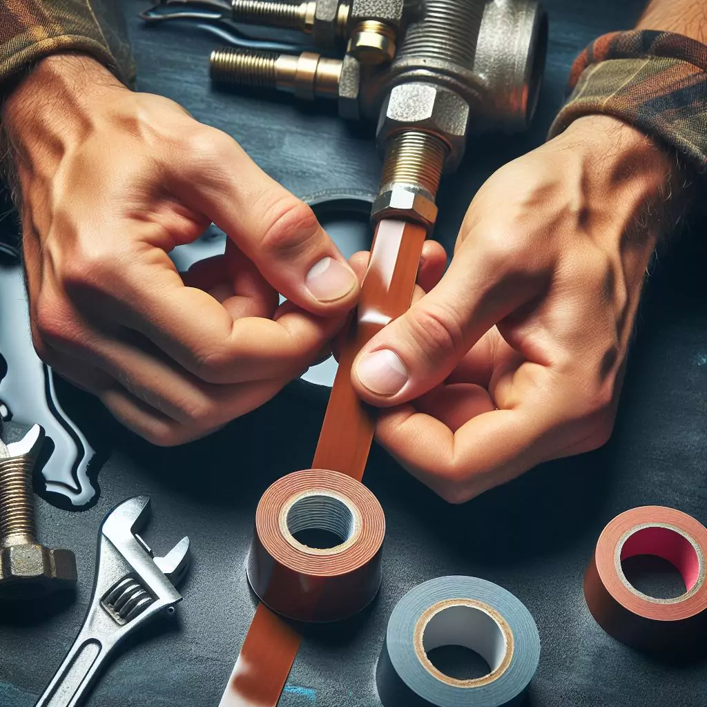 "A pair of hands wrapping plumber's tape clockwise around threaded connections to prevent leaks and ensure a watertight seal during plumbing repairs."