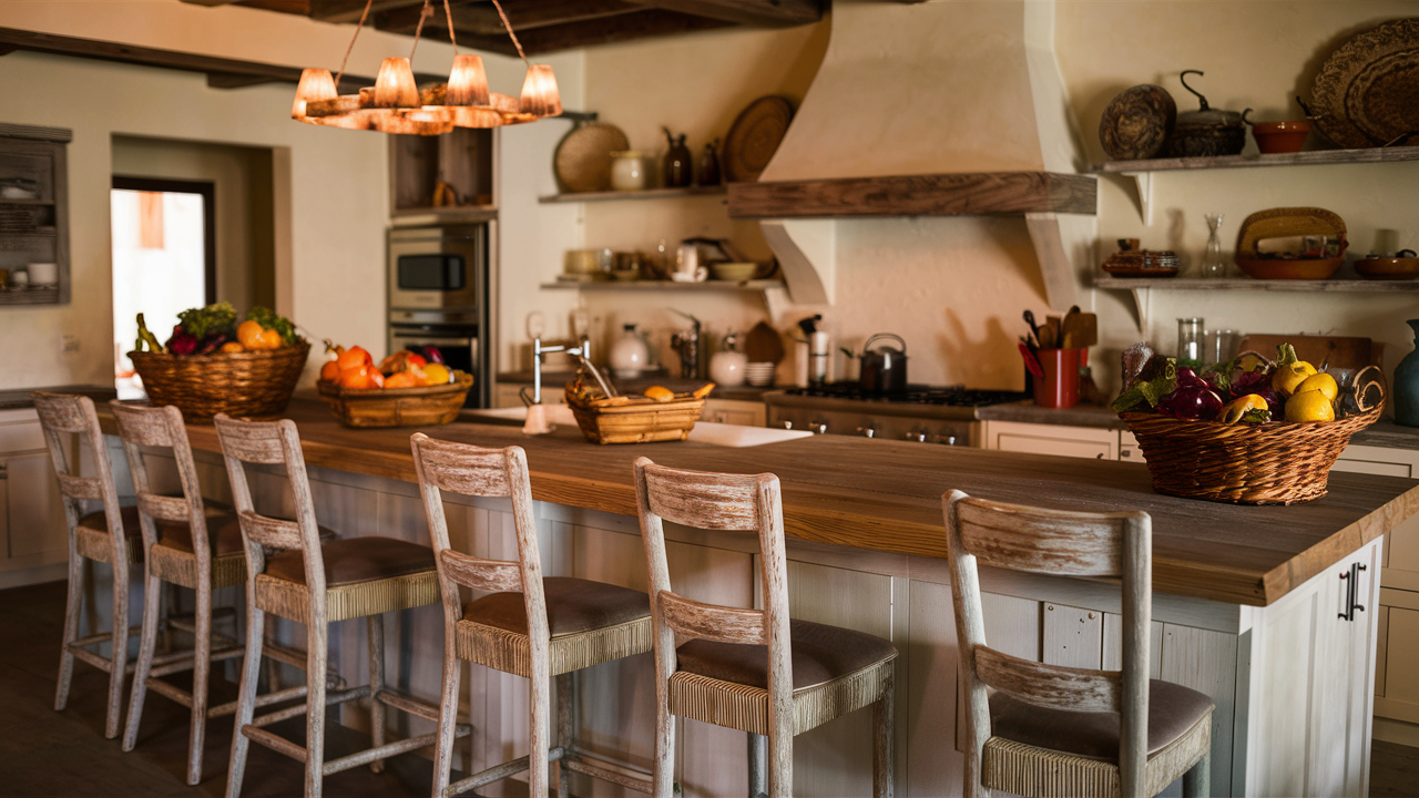 A cozy and welcoming home kitchen, featuring a rustic kitchen bar with intricately carved wooden stools and a long, weathered wood countertop. The space is adorned with an assortment of rustic decor, including woven baskets filled with colorful fruits and vegetables, and vintage kitchenware displayed on open shelves. A warm, golden light from a chandelier casts a gentle glow over the space, creating an inviting atmosphere for family and friends to gather and share a meal.