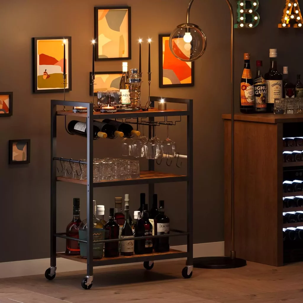 a versatile bar cart, ideal for entertaining in limited space. It can be moved around, providing storage and seating as needed."