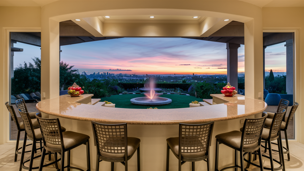 a home kitchen bar with a view