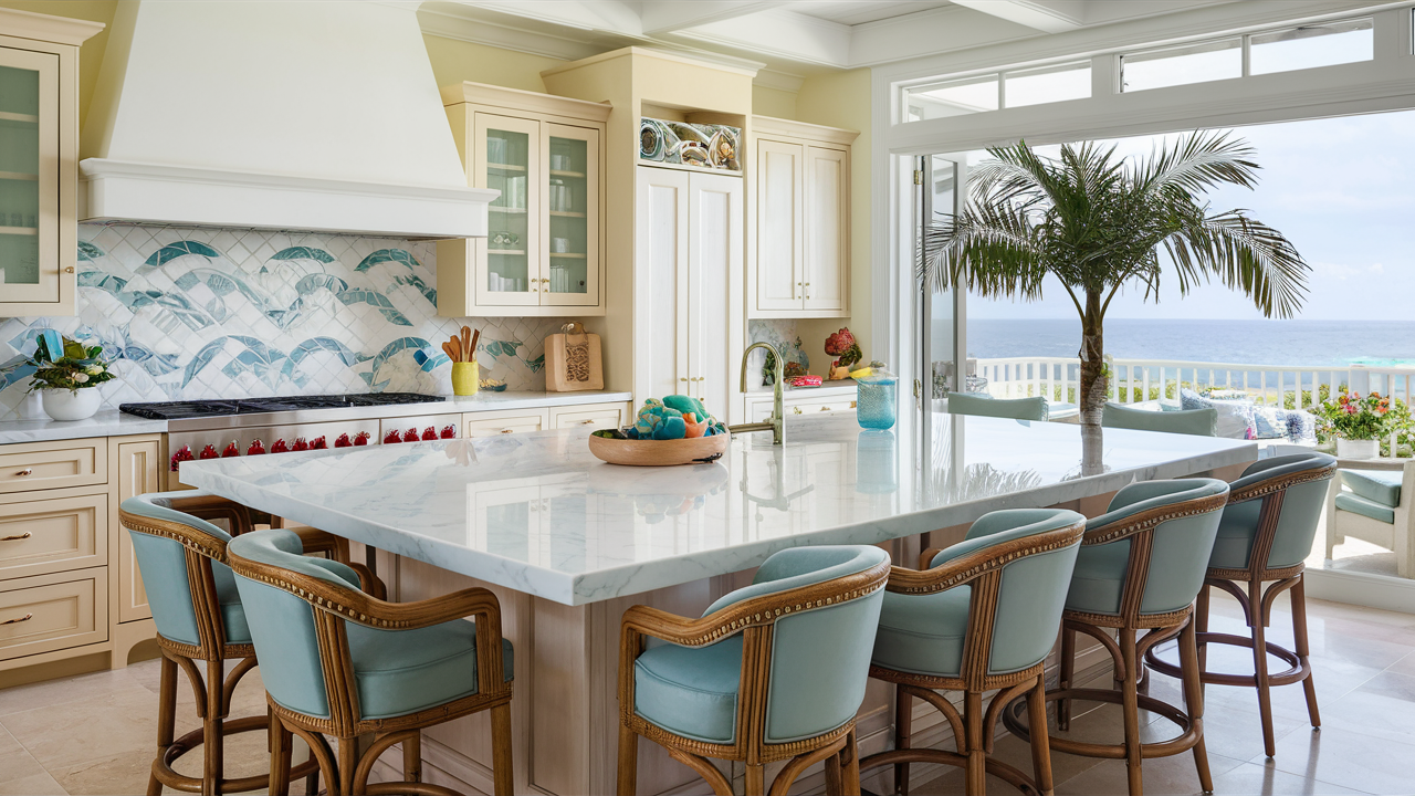 A beautifully designed kitchen with a beachy kitchen bar that exudes a tropical and relaxing vibe. The main components include a large, white marble island with comfortable, pale blue barstools. The cabinets are painted in soft, pastel colors, and the backsplash features a creative, wave-like pattern in white and blue tiles. A large, bright window overlooks the ocean, and a potted palm tree adds a touch of beachy flair. The overall ambiance is bright, airy, and inviting.