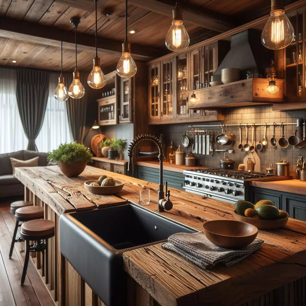 "Kitchen with a charming farmhouse bar, crafted from reclaimed wood, paired with vintage elements like an apron sink, adding warmth and character, complemented by industrial-style lighting."