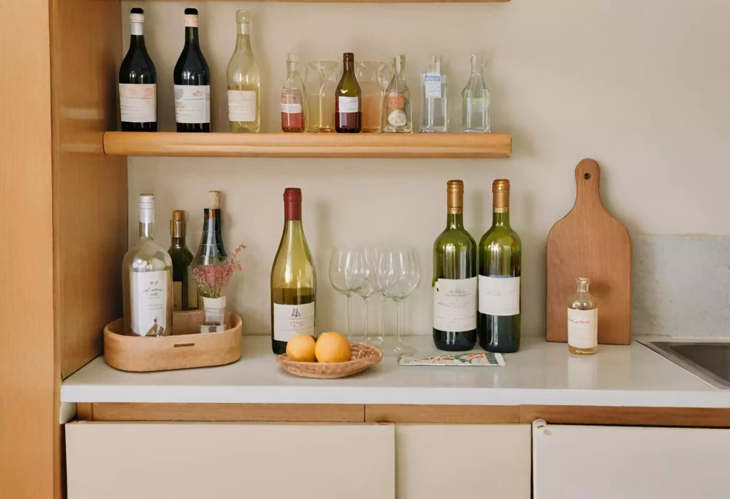 "Kitchen with a charming mini bar in the corner, perfect for serving drinks and storing wine glasses, pretty bottles, and kitchen essentials."