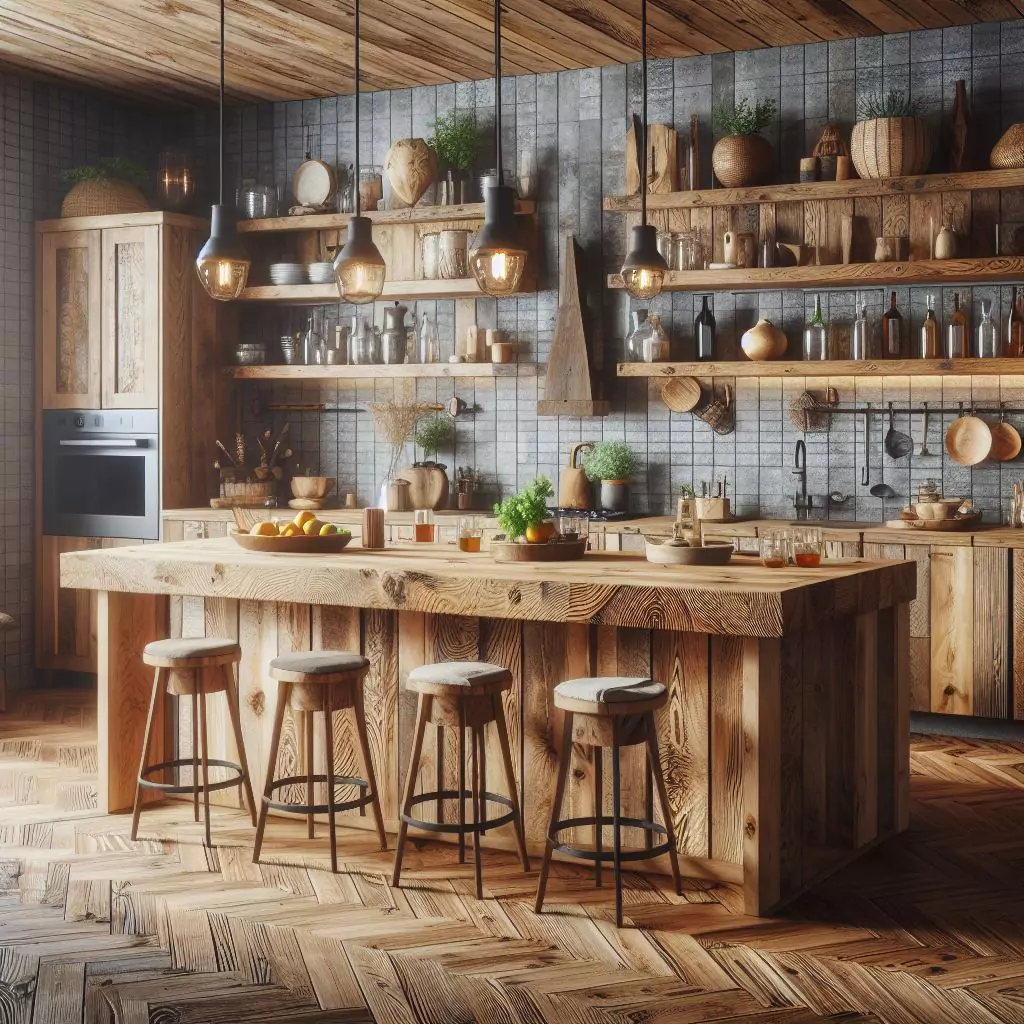 "Kitchen with a cozy rustic bar, crafted from reclaimed wood, adding warmth and character, paired with rustic decor and pendant lighting."
