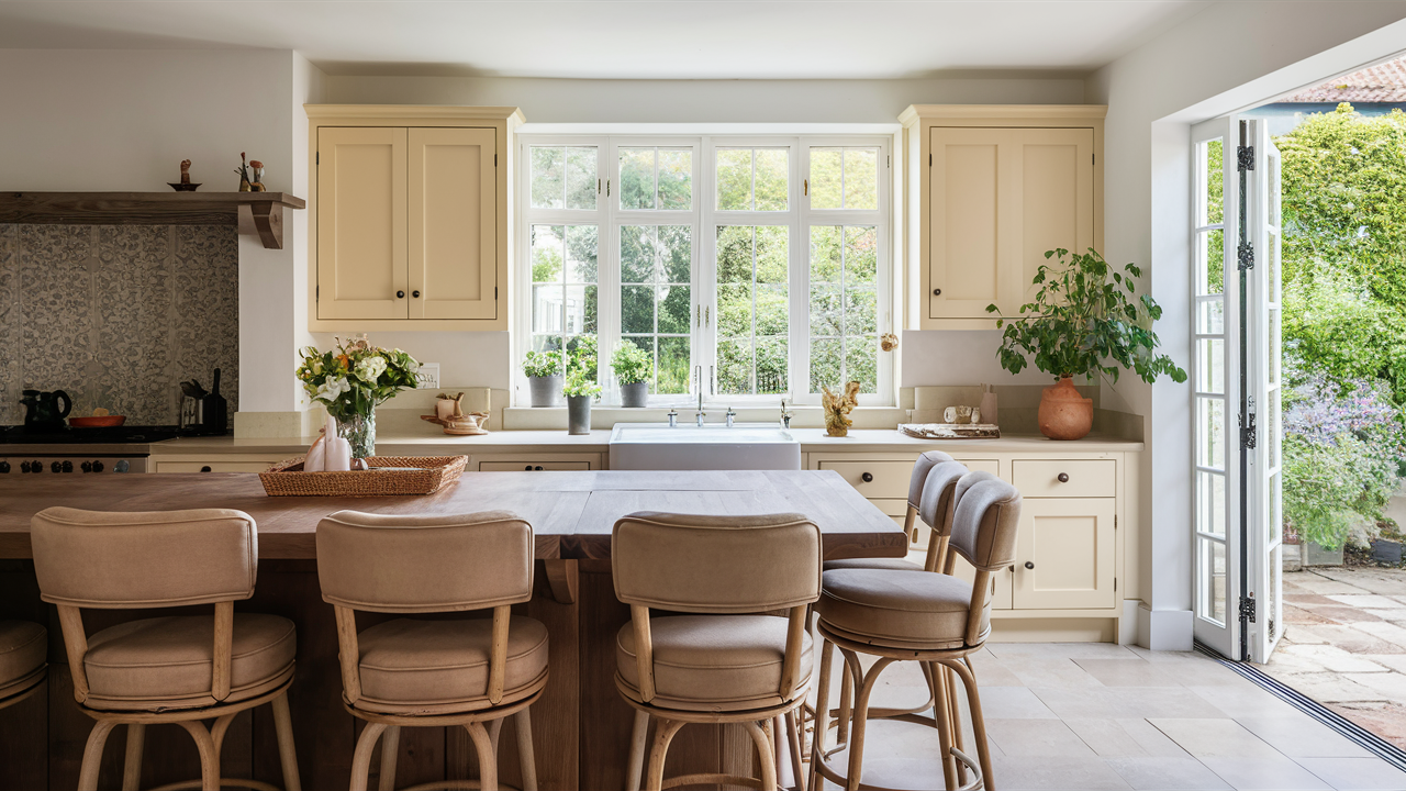 A beautifully designed farmhouse kitchen bar exuding a relaxing vibe. The main components include a large wooden island with comfortable, pale brown barstools. Soft pastel-colored cabinets complement the farmhouse-style backsplash. A large, bright window overlooks the garden, while a potted plant adds a touch of farmhouse flair. The overall ambiance is bright, airy, and inviting."