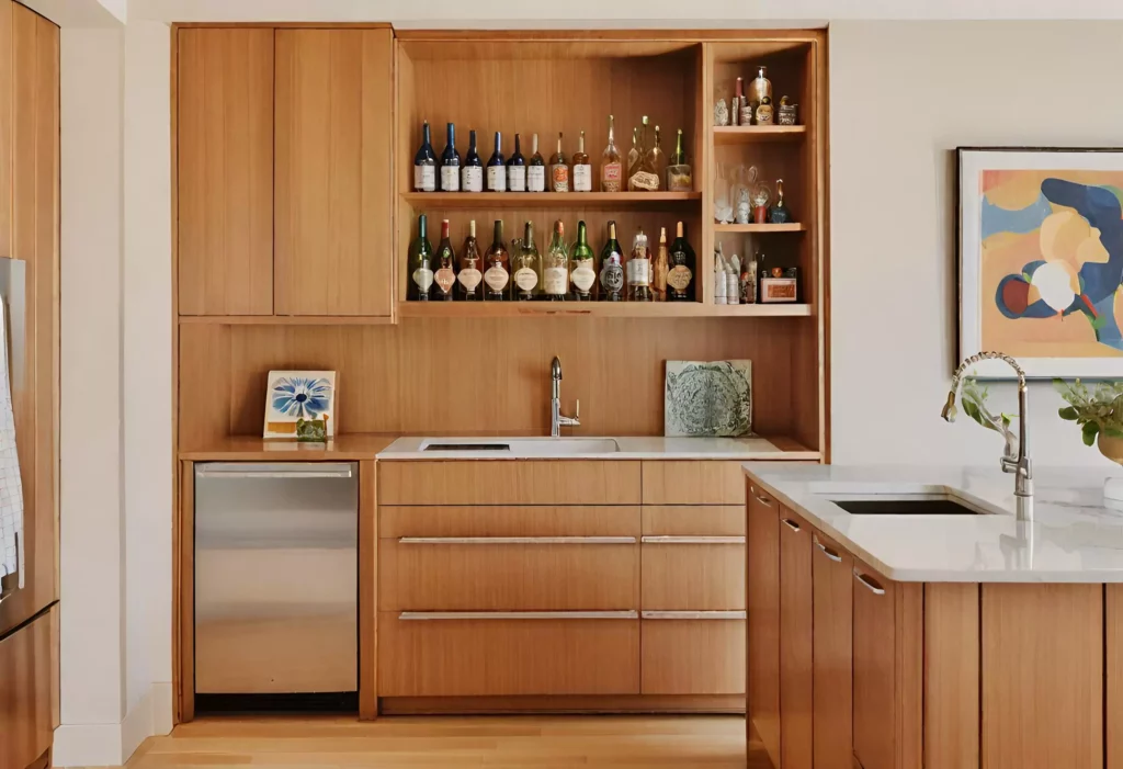 "Kitchen featuring a space-saving wall-mounted bar, attached to the wall for storing wine glasses, glass bottles, and kitchen essentials."