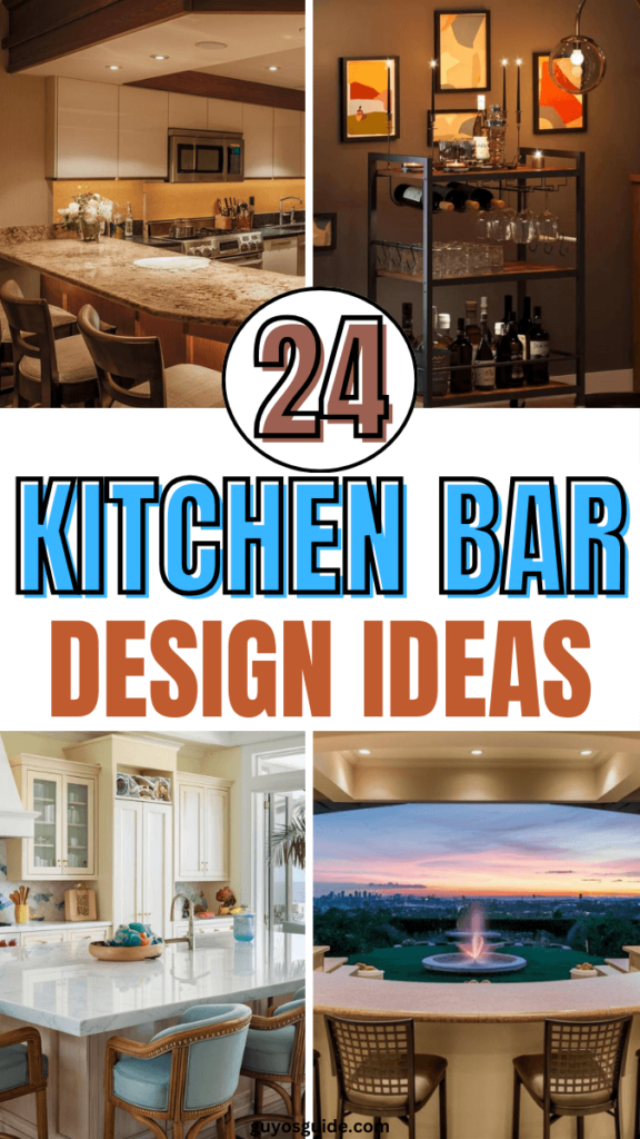 Collage of various kitchen bar design ideas with a central title text '24 Kitchen Bar Design Ideas'. The images feature different styles of kitchen bars, including modern, rustic, and coastal themes, showcasing bar counters, seating arrangements, and decor elements.