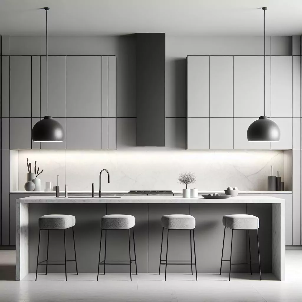 "A minimalistic kitchen bar with a simple design, clean lines, and a monochromatic color scheme. The use of materials like marble, granite, or quartz enhances the modern and sophisticated look, complemented by sleek bar stools and minimalist pendant lights."
