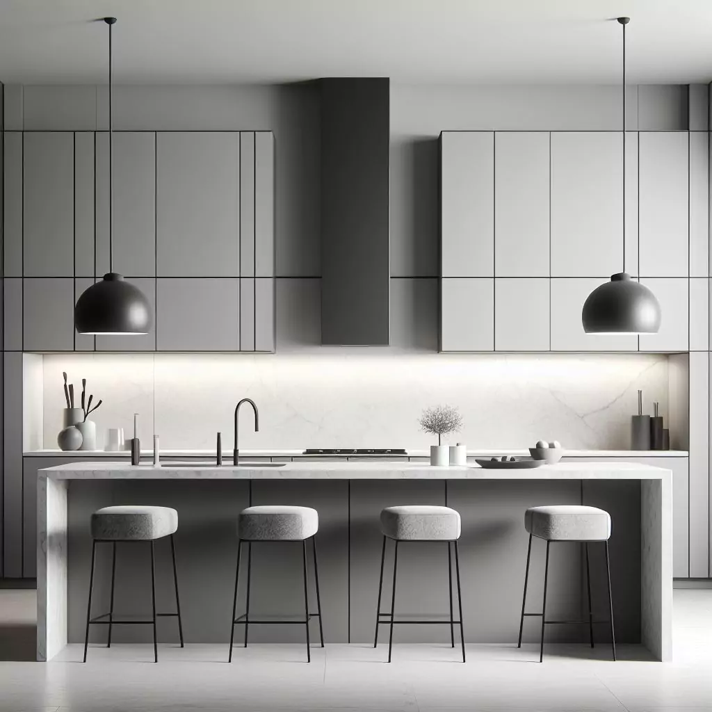 "A minimalistic kitchen bar with a simple design, clean lines, and a monochromatic color scheme. The use of materials like marble, granite, or quartz enhances the modern and sophisticated look, complemented by sleek bar stools and minimalist pendant lights."