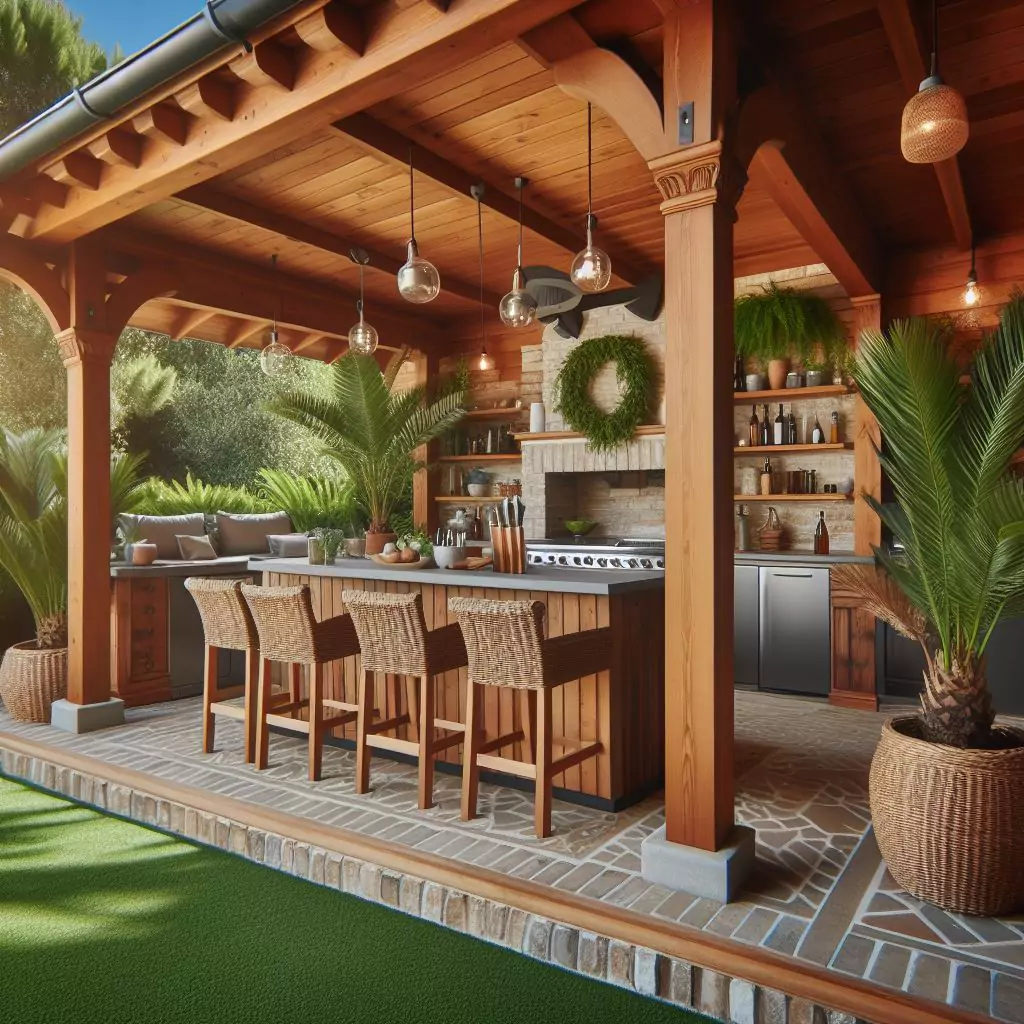 "Outdoor kitchen with a bar, perfect for entertaining and outdoor cooking, built with weather-resistant materials and equipped with a grill, sink, and refrigerator."