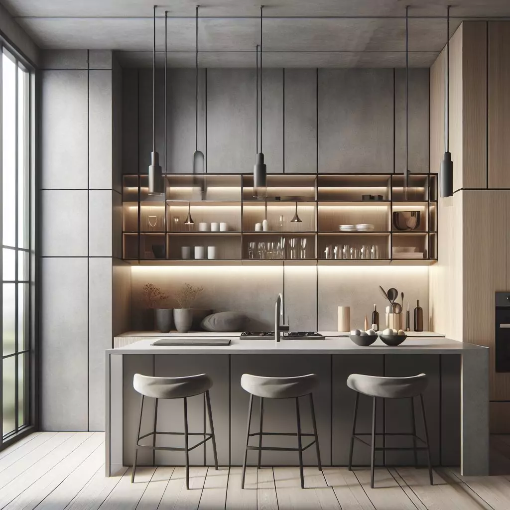"Kitchen with a sleek modern bar, featuring clean lines and a minimalist design, incorporating materials like stainless steel, concrete, or glass."
