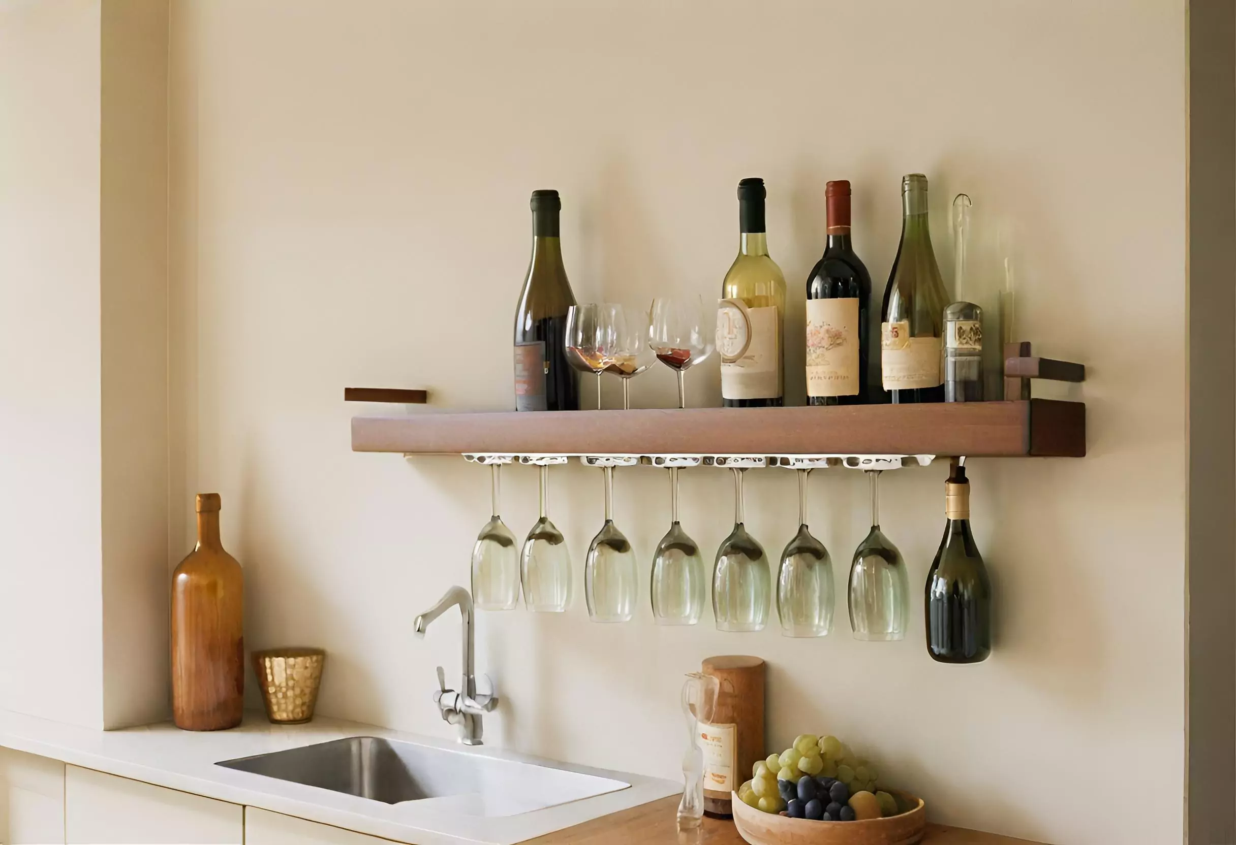 Kitchen featuring a space-saving wall-mounted bar, attached to the wall for storing wine glasses, glass bottles, and kitchen essentials.