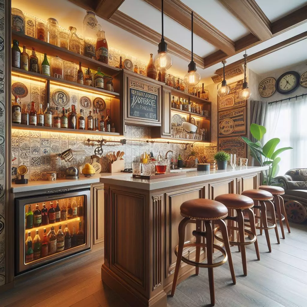"Kitchen with a delightful themed bar, crafted to match a specific theme like beachy, industrial, or vintage, using materials, colors, and decor in harmony with the theme."