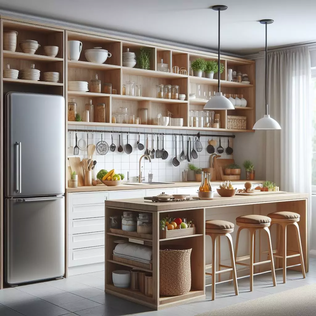 "Kitchen with a versatile multi-functional bar, designed for eating, food preparation, and storage, featuring a combination of materials, a sink, refrigerator, and storage."