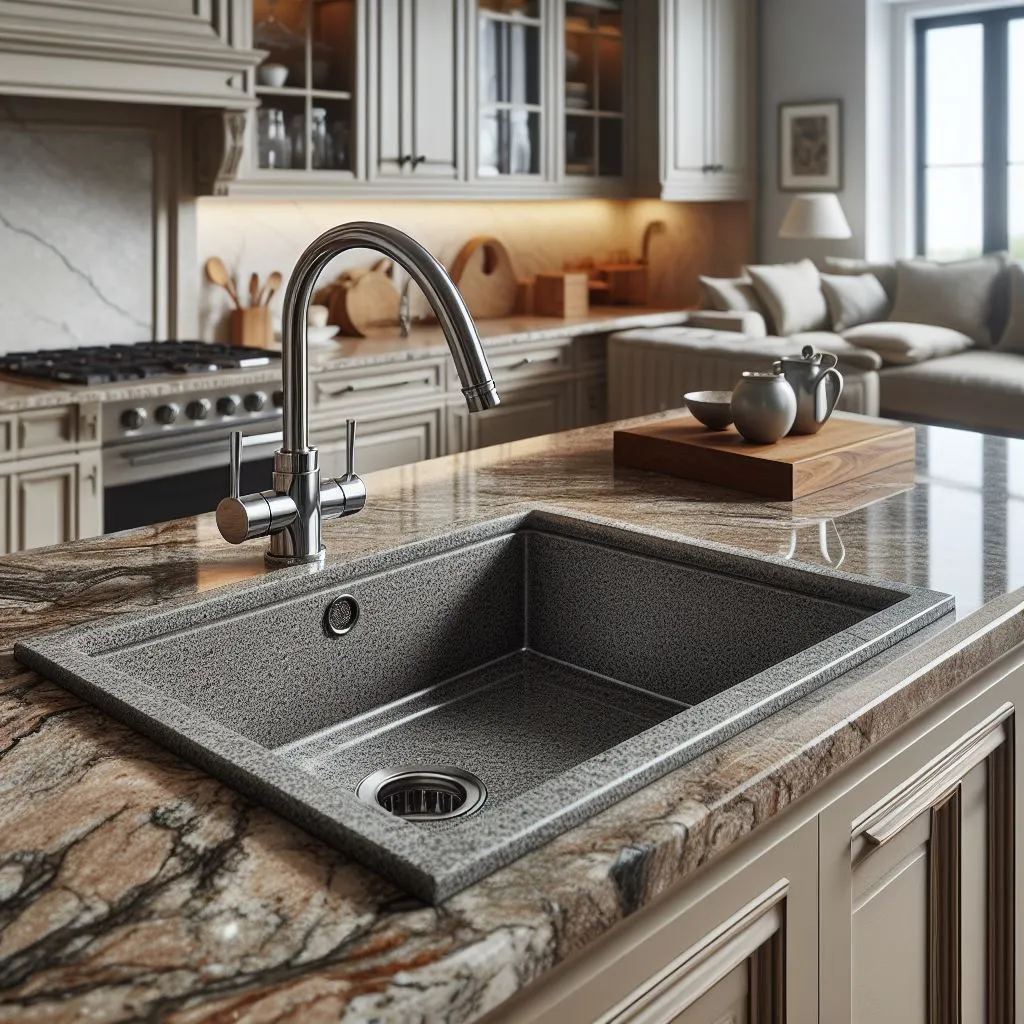 A modern kitchen with a composite granite sink and a stainless steel faucet. The sink is set in a polished marble countertop with natural stone patterns. The background features well-organized wooden cabinets with glass doors and internal lighting, revealing dishes and glassware. A cozy living area is visible in the far background, illuminated by natural light from windows. On the countertop beside the sink, there’s a wooden tray holding an elegant teapot and cup.
