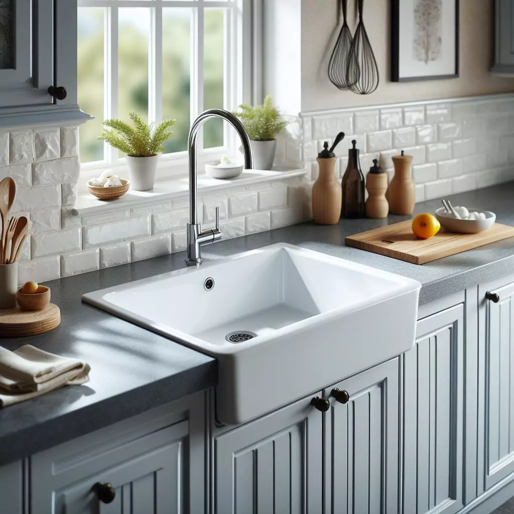 A modern kitchen featuring a white cast acrylic sink installed in a grey countertop, complemented by a stainless steel faucet. The sink is surrounded by various kitchen utensils and decor, with a window providing natural light.