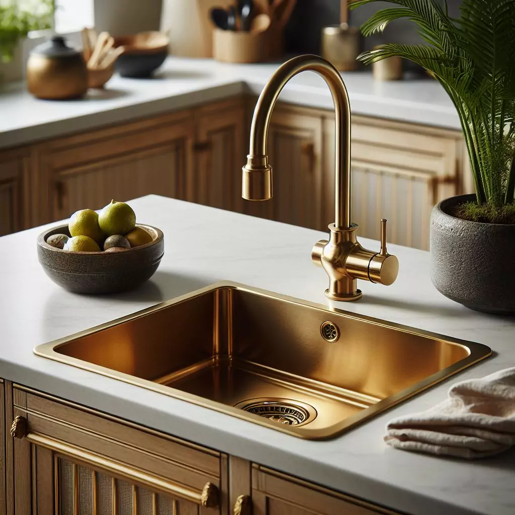 A luxurious brass kitchen sink with a matching faucet, set in a white countertop surrounded by various kitchen items including a bowl of limes, potted plant, and utensils.

