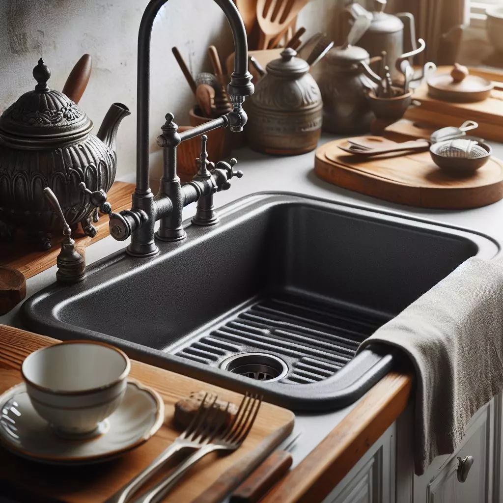 A dark-colored, rectangular cast iron kitchen sink is installed in a white countertop. The sink has a single basin with no divisions and appears to be deep. A drain is visible at the bottom of the sink. The edges of the sink are straight and clean, giving it a modern aesthetic.