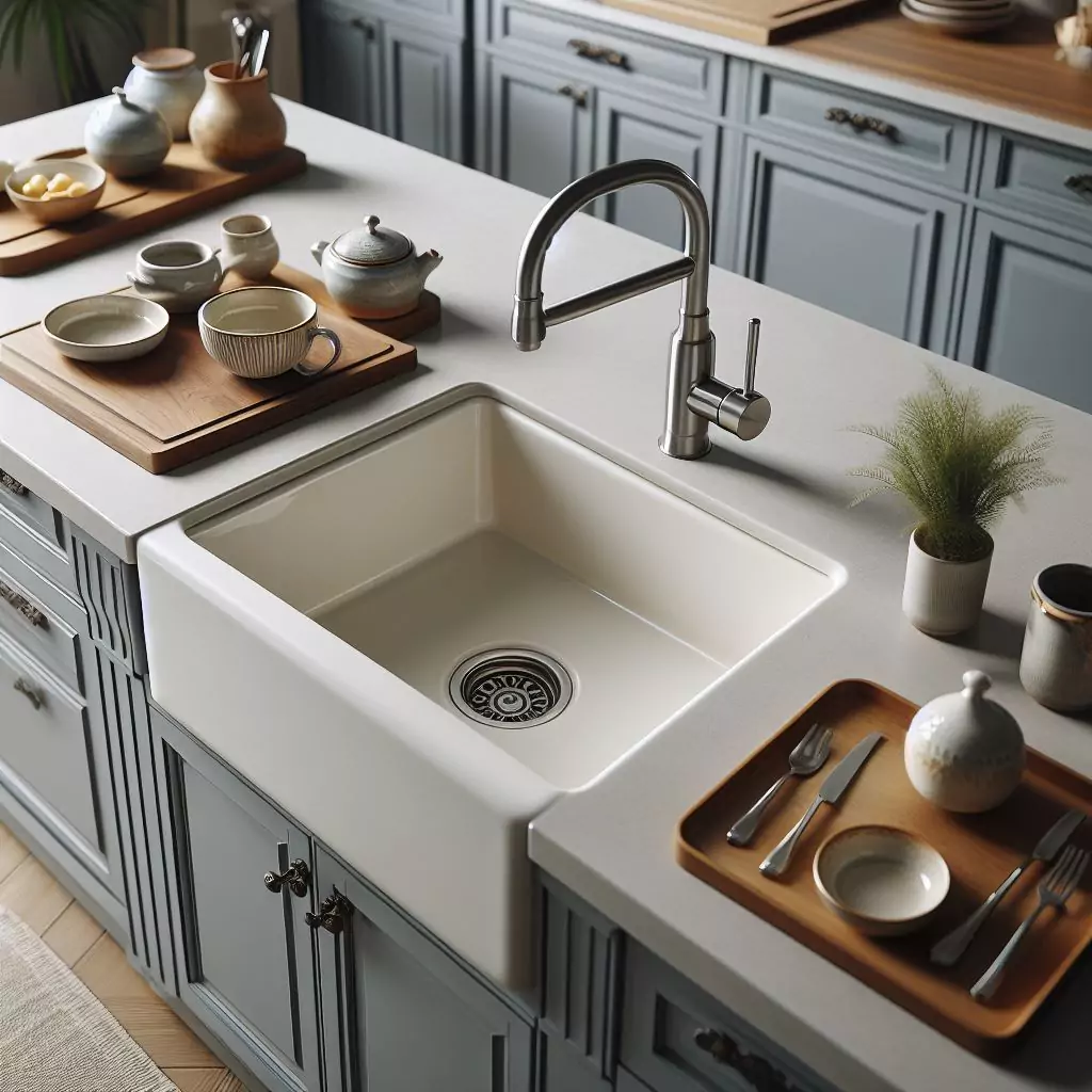 A fireclay kitchen sink is embedded in a white countertop, surrounded by neatly arranged kitchenware and utensils, with blue-grey cabinets below. A wooden cutting board holding various ceramic dishes including bowls and teapots is to the left of the sink, while another wooden tray holds a ceramic plate, bowl, and silverware to the right. A small potted green plant adds a touch of nature to the scene. The countertop is white and contrasts beautifully with the blue-grey cabinets that have elegant handles.