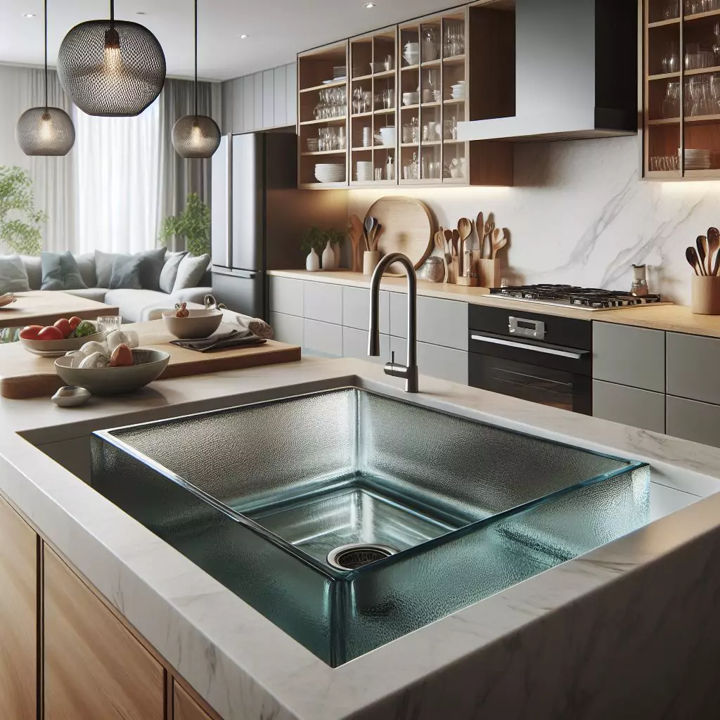 The image depicts a modern, elegant kitchen featuring a prominent glass sink with a sleek faucet, surrounded by a marble countertop, wooden cabinets, and stylish décor. The sink is embedded in a white marble countertop and has a sleek metallic faucet. Behind the sink, there are wooden cabinets with transparent sections revealing glassware inside. To the left of the sink is an open shelf holding various utensils and spices in organized containers. A bowl of fresh fruits and vegetables is visible on the countertop to the left of the sink. The kitchen features contemporary lighting fixtures hanging from the ceiling, casting soft light throughout the space. In the background, there’s seating area with plush cushions and decorative elements creating an inviting atmosphere.
