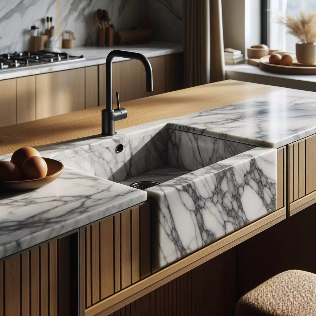 A modern kitchen featuring a luxurious marble sink with distinct veining patterns, complemented by a matte black faucet and surrounded by wooden cabinetry. The sink is made of marble with distinct white and grey veining patterns, giving it a luxurious appearance. A matte black faucet is installed above the sink, contrasting beautifully with the light-colored marble. The countertop surrounding the sink is also made of matching marble material. Below the countertop, there’s wooden cabinetry with vertical lines design adding to the contemporary aesthetic of the space. In the background, there’s another countertop area equipped with cooking range and utensils; indicating it’s a functional cooking space. On the right side of the image, there are wooden bowls placed on top of the counter adding to aesthetic appeal and functionality.
