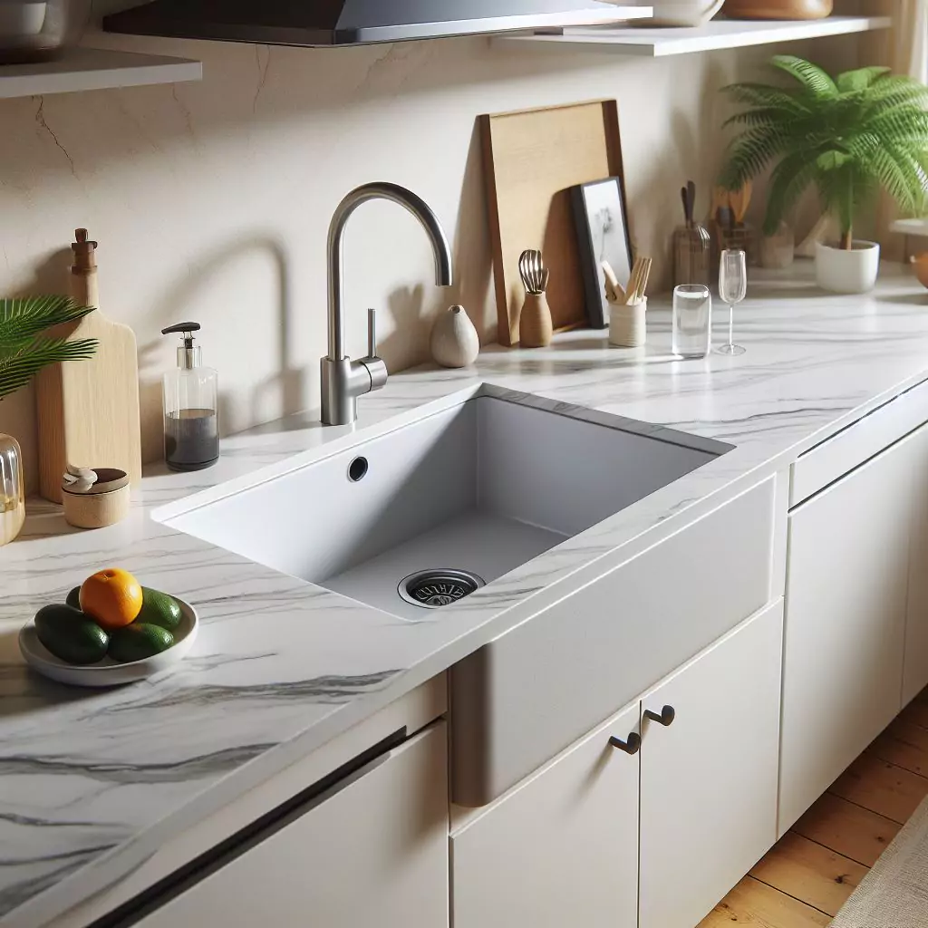 A modern kitchen with a Quartz Composite sink embedded in a white marble countertop. The sink is square-shaped and deep, equipped with a stainless steel drain. A contemporary stainless steel faucet with a curved design is installed to the left of the sink. On the countertop, there are various items including a wooden cutting board, a ceramic pitcher, a soap dispenser, two clear glasses, and wooden cooking utensils in a holder. There’s also a small bowl containing two lemons placed near the edge of the countertop. The lower cabinets are white and feature minimalist handles that match the overall aesthetic of the kitchen. In the background, there’s an indoor plant adding greenery to space.
