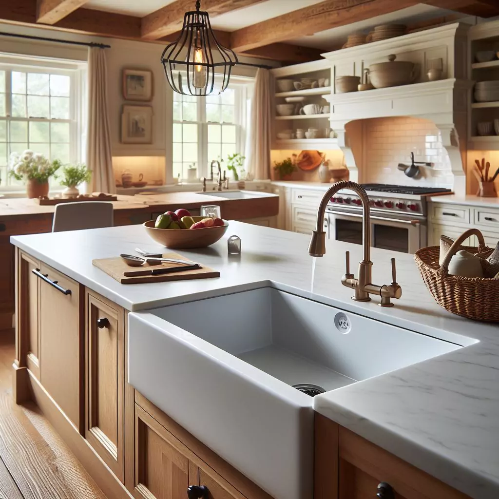 A modern kitchen featuring a large solid surface sink embedded in a marble countertop, complemented by wooden cabinets and contemporary fixtures. The sink is equipped with a modern, bronze-colored faucet. Wooden cabinets with a natural finish surround the sink area providing contrast to the white countertops. On the countertop near the sink is a cutting board and knife, ready for food preparation. A bowl of fresh fruits adds color and liveliness to the scene. In the background, open shelving holds various kitchen items neatly arranged. The room’s lighting is augmented by an elegant hanging chandelier that casts soft light throughout the space.
