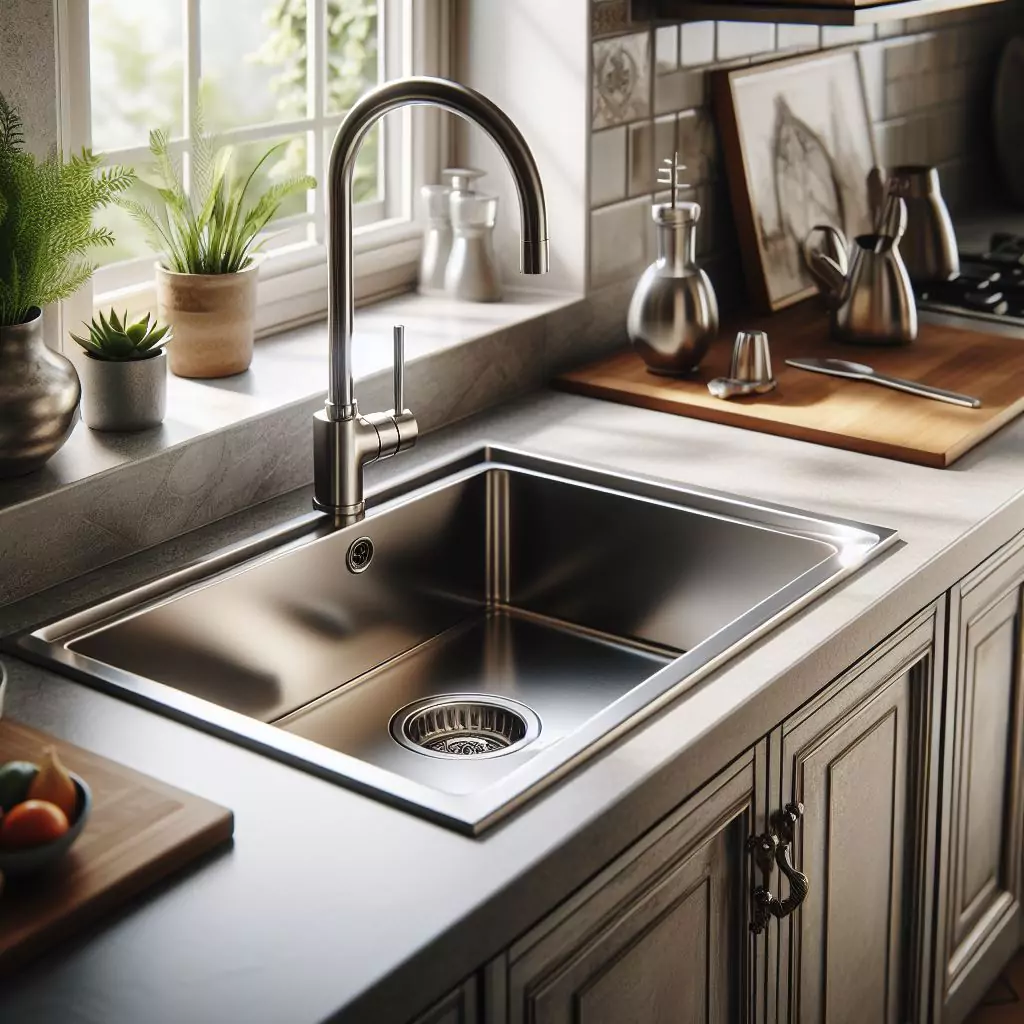 A modern, stainless steel kitchen sink with a high-arched faucet is installed in a dark-colored granite countertop. The sink area is illuminated by natural light from a nearby window, casting soft shadows. To the left of the sink, there are potted green plants on the windowsill, providing a touch of nature and color. Behind the sink on the wall are neutral-toned tiles that complement the overall aesthetic of the space. On the right side of the sink is a wooden cutting board and two stainless steel containers with handles, suggesting functionality and use of space.