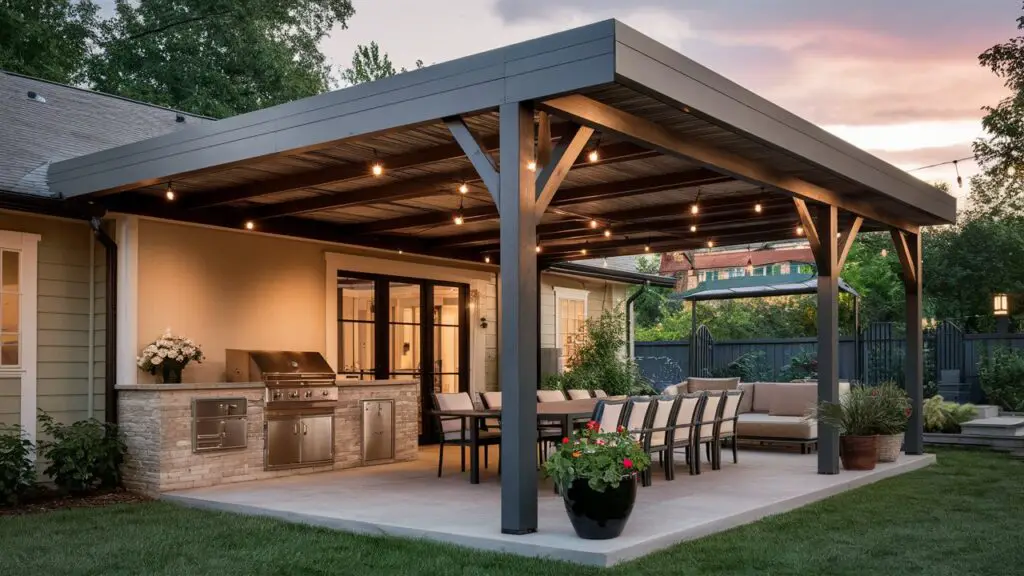 an image of a stylish covered patio attached to a house. The patio could feature a wooden or metal pergola with a solid or slatted roof, providing ample shade. The setting might include a built-in grill, outdoor dining furniture, and decorative elements like potted plants and string lights, highlighting the cozy and functional space perfect for entertaining and outdoor cooking. This type of image would effectively convey the versatility and appeal of a covered patio as described.