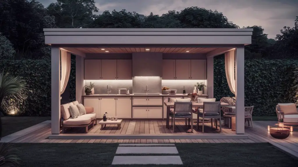 a luxurious, detached outdoor kitchen situated in a serene garden or backyard. The image could feature high-end appliances, elegant countertops, and comfortable outdoor furniture, all set against a backdrop of lush greenery. Stylish outdoor lighting and decorative accessories would add to the ambiance, emphasizing the privacy and intimacy of the detached space. This type of image would effectively convey the concept of a detached outdoor kitchen designed for comfort and enjoyment.