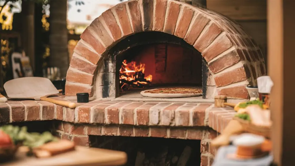 a traditional brick oven in a cozy outdoor kitchen setting? The oven could be made of rustic bricks with a visible firebox and cooking chamber, showcasing its classic design. Surrounding the oven, there could be a pizza peel, a wooden table with fresh ingredients, and maybe some freshly baked bread or pizza to emphasize its use. This image would beautifully illustrate the charm and functionality of a traditional brick oven in an outdoor cooking area.