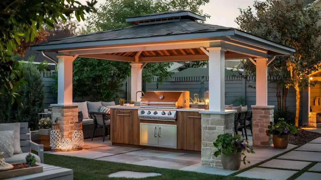 A charming image of a modern covered grill gazebo in an inviting backyard setting. The gazebo features a sleek, built-in grill with ample countertop space for food preparation. Surrounding the gazebo are comfortable seating and dining areas, perfect for hosting gatherings or relaxing with family. The gazebo is adorned with a sturdy, weather-resistant roof, providing protection from the elements. The atmosphere is further enhanced by warm outdoor lighting, lush greenery, and stylish accessories such as decorative lanterns and potted plants. The overall effect is a functional, aesthetically pleasing space that encourages outdoor cooking and entertainment.