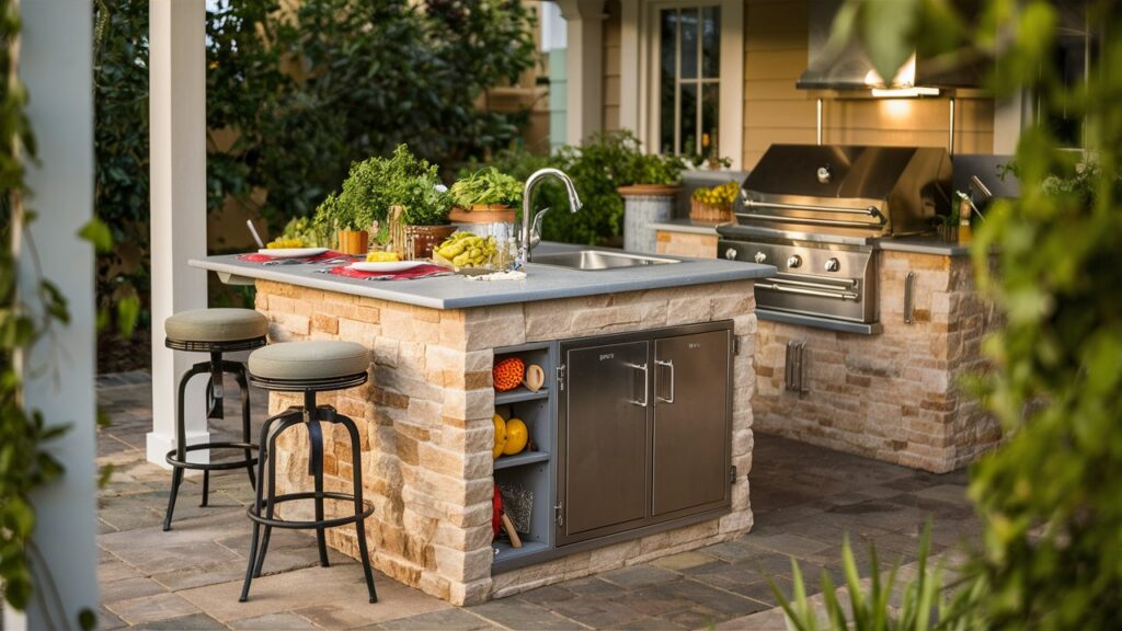 A captivating photo of a charming outdoor kitchen island, nestled in a cozy backyard setting. The island, made of a beautiful blend of stone and stainless steel, features a built-in grill, sink, and storage cabinets. Fresh produce and herbs are artfully arranged on the countertop, while cooking utensils are neatly organized in the cabinets. Two inviting bar stools flank the island, creating a warm and welcoming atmosphere for casual dining and conversation. The surrounding area is adorned with lush greenery, providing a serene backdrop for this functional and stylish outdoor oasis.