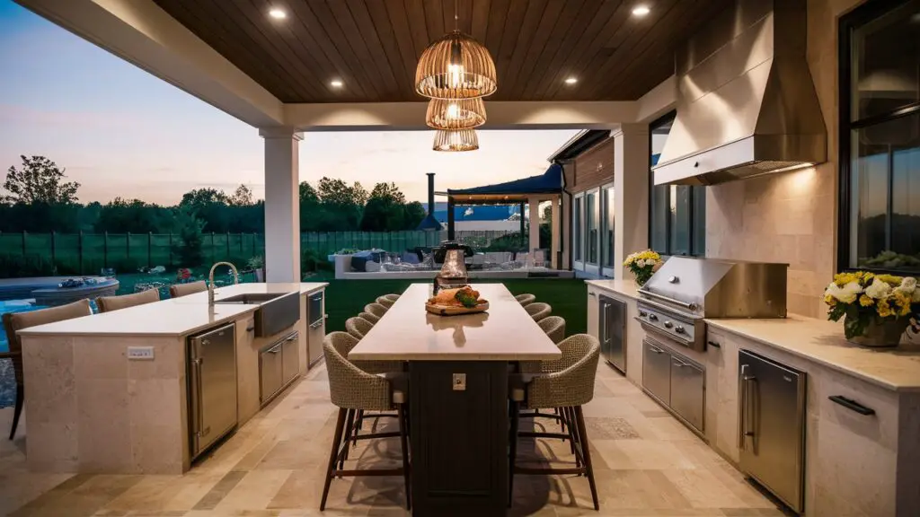 An image showcasing a spacious outdoor kitchen equipped with high-end appliances like a built-in grill, refrigerator, and elegant countertops. Include comfortable seating areas for dining and entertaining.