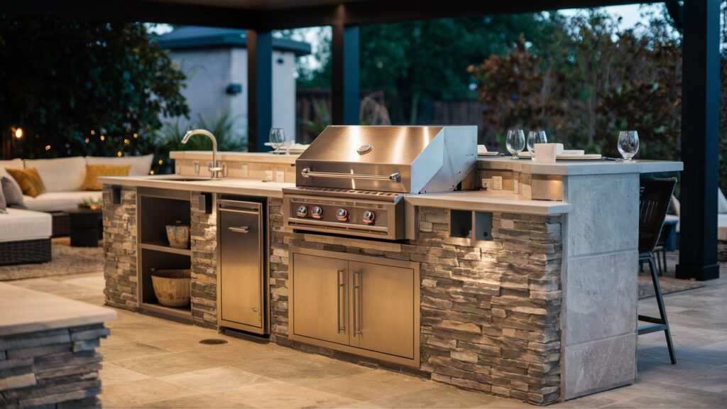 an image featuring a sleek and modern outdoor kitchen island. The island should have a combination of stone and metal materials, with a built-in grill, ample countertop space for dining, and possibly some cabinets or shelves for storage. The setting should be an inviting outdoor space with comfortable seating, tasteful decor, and maybe some ambient lighting, highlighting both the functionality and stylish appeal of the kitchen island. This will illustrate the versatility and attractiveness of an outdoor kitchen island as a central feature in covered outdoor kitchens.