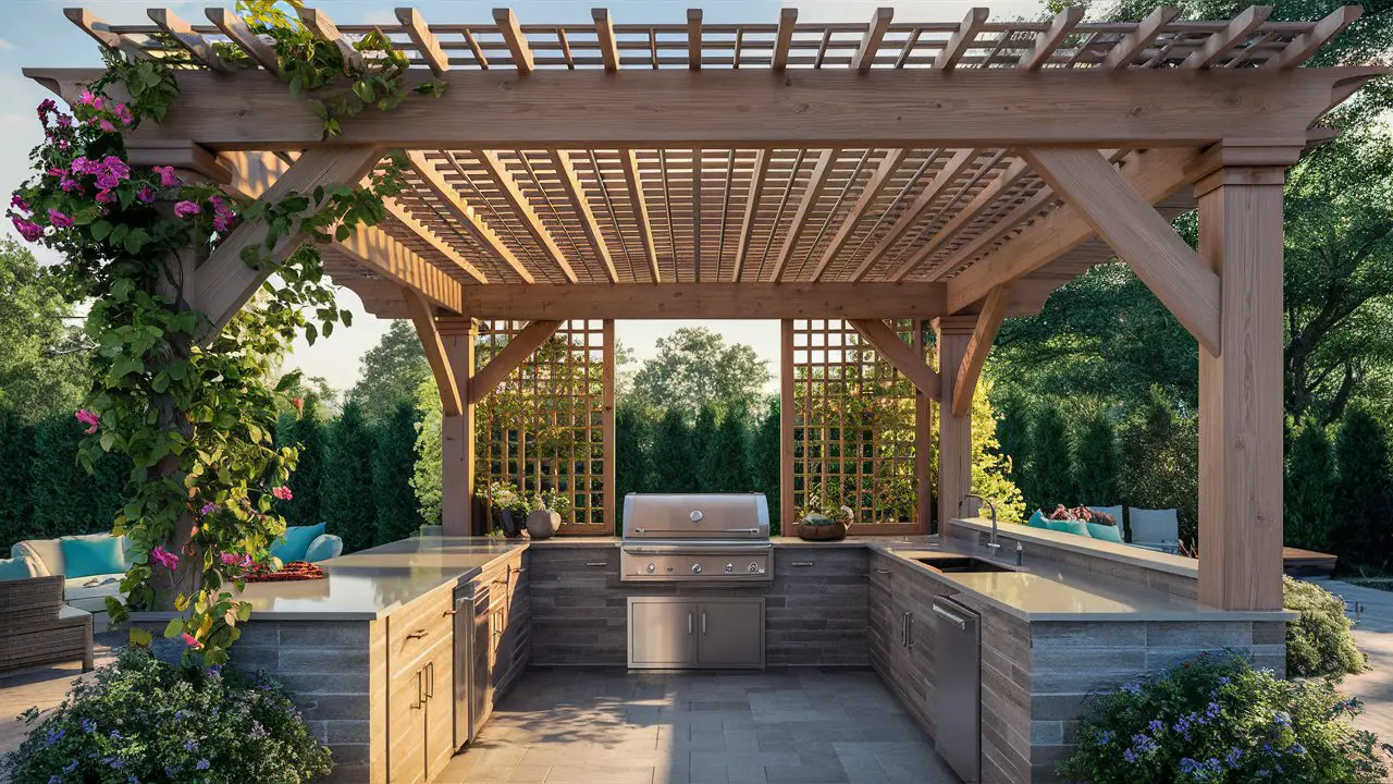 outdoor kitchen with a pergola as the central feature. The pergola, made of wood, features an open lattice-style roof that allows dappled sunlight to filter through. Climbing plants, including vibrant vines and flowering shrubs, adorn the pergola, adding a natural touch to the structure. Within the outdoor kitchen area, there's a stylish grill, sleek countertops, and comfortable seating for gathering with friends and family. The scene is set in a serene outdoor environment, showcasing the seamless integration of the pergola into the overall outdoor living space. It captures the essence of a welcoming and functional outdoor kitchen with a pergola as its focal point.