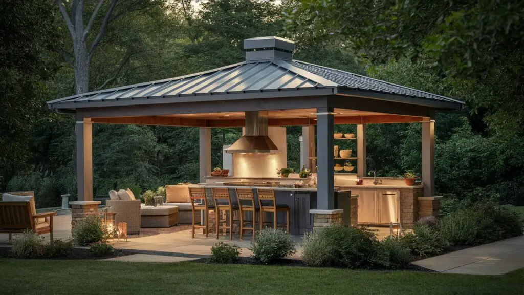 an image of a beautifully designed outdoor kitchen pavilion nestled in a lush garden setting? It could showcase a wooden or metal frame with a stylish roof, surrounded by outdoor furniture, soft lighting, and greenery to create a cozy and inviting atmosphere. This type of image could perfectly capture the essence of a covered outdoor kitchen pavilion as described in your section.