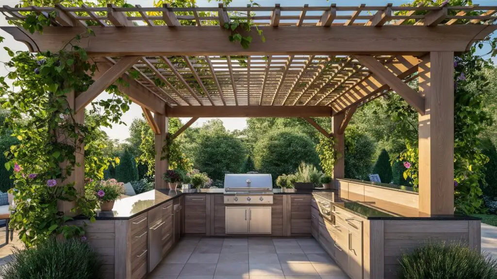 outdoor kitchen with a pergola as the central feature. The pergola, made of wood, features an open lattice-style roof that allows dappled sunlight to filter through. Climbing plants, including vibrant vines and flowering shrubs, adorn the pergola, adding a natural touch to the structure.

Within the outdoor kitchen area, there's a stylish grill, sleek countertops, and comfortable seating for gathering with friends and family. The scene is set in a serene outdoor environment, showcasing the seamless integration of the pergola into the overall outdoor living space. It captures the essence of a welcoming and functional outdoor kitchen with a pergola as its focal point.