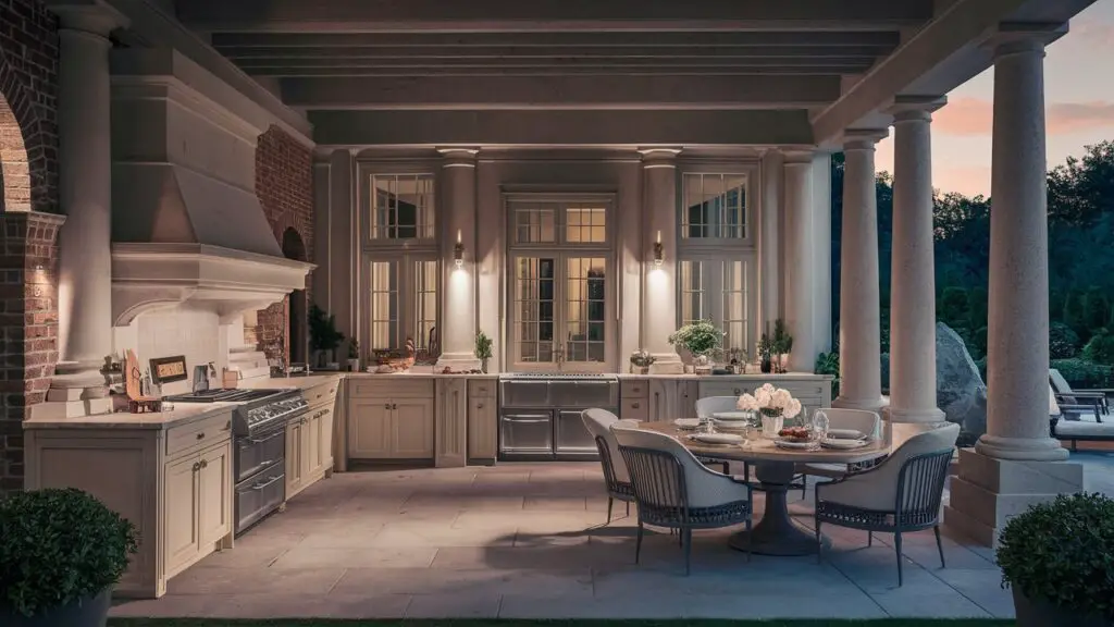 an realistic view of an image depicting a grand outdoor kitchen with high-end appliances, elegant countertops, and stylish outdoor furniture would be fitting. The design should reflect sophistication and luxury, perhaps incorporating classical architectural elements like stone columns, brick accents, or wooden beams. The setting could include beautiful outdoor lighting, lush greenery, and tasteful accessories to enhance the overall atmosphere of elegance and comfort. This type of image would complement the description of a stately outdoor kitchen as a functional and beautiful space for cooking, dining, and entertaining.