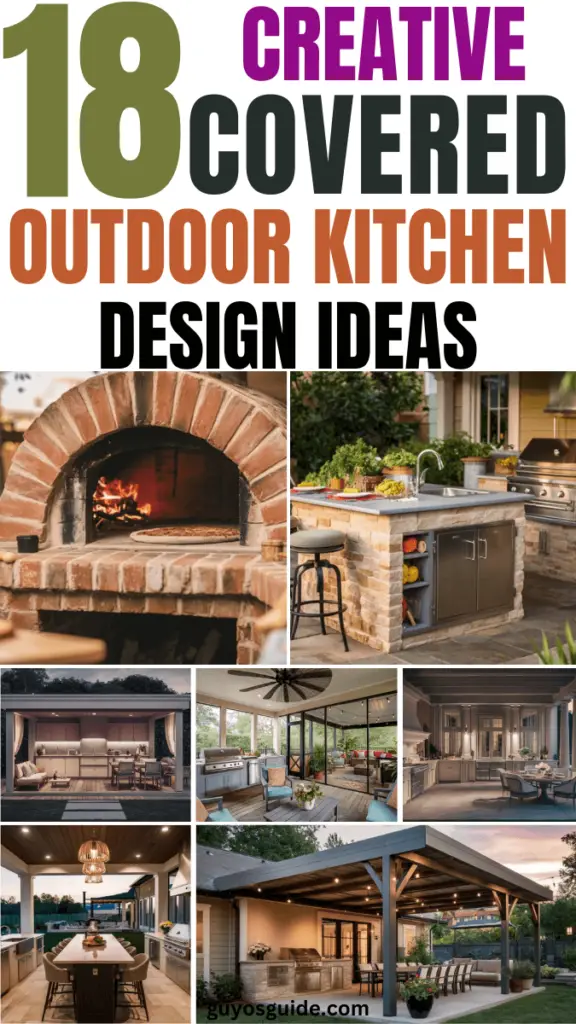 A collage of images showcasing various creative covered outdoor kitchen design ideas. The designs feature a range of styles, including brick ovens, stone countertops, wooden cabinetry, and dining areas under sheltered patios. Each image captures a unique aspect of outdoor cooking spaces, from rustic to modern aesthetics.